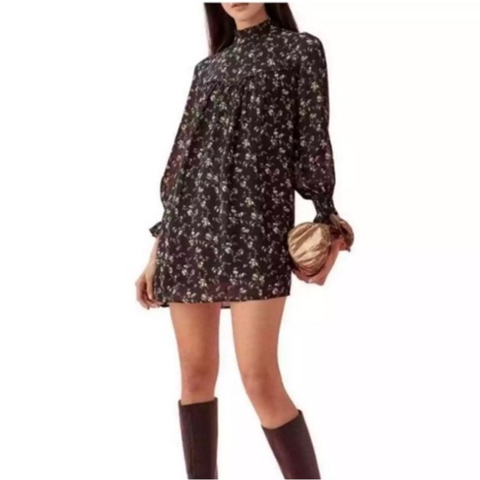 Reformation Jourdan Black Floral Babydoll Mini Dress